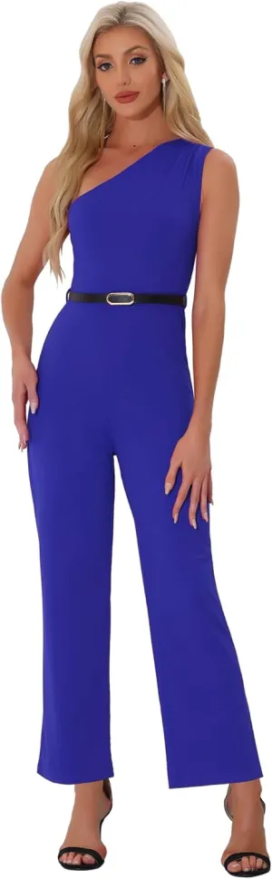 Allegra K Elegant Office Jumpsuit for Women's Dressy One Shoulder Belted Wide Leg Pants