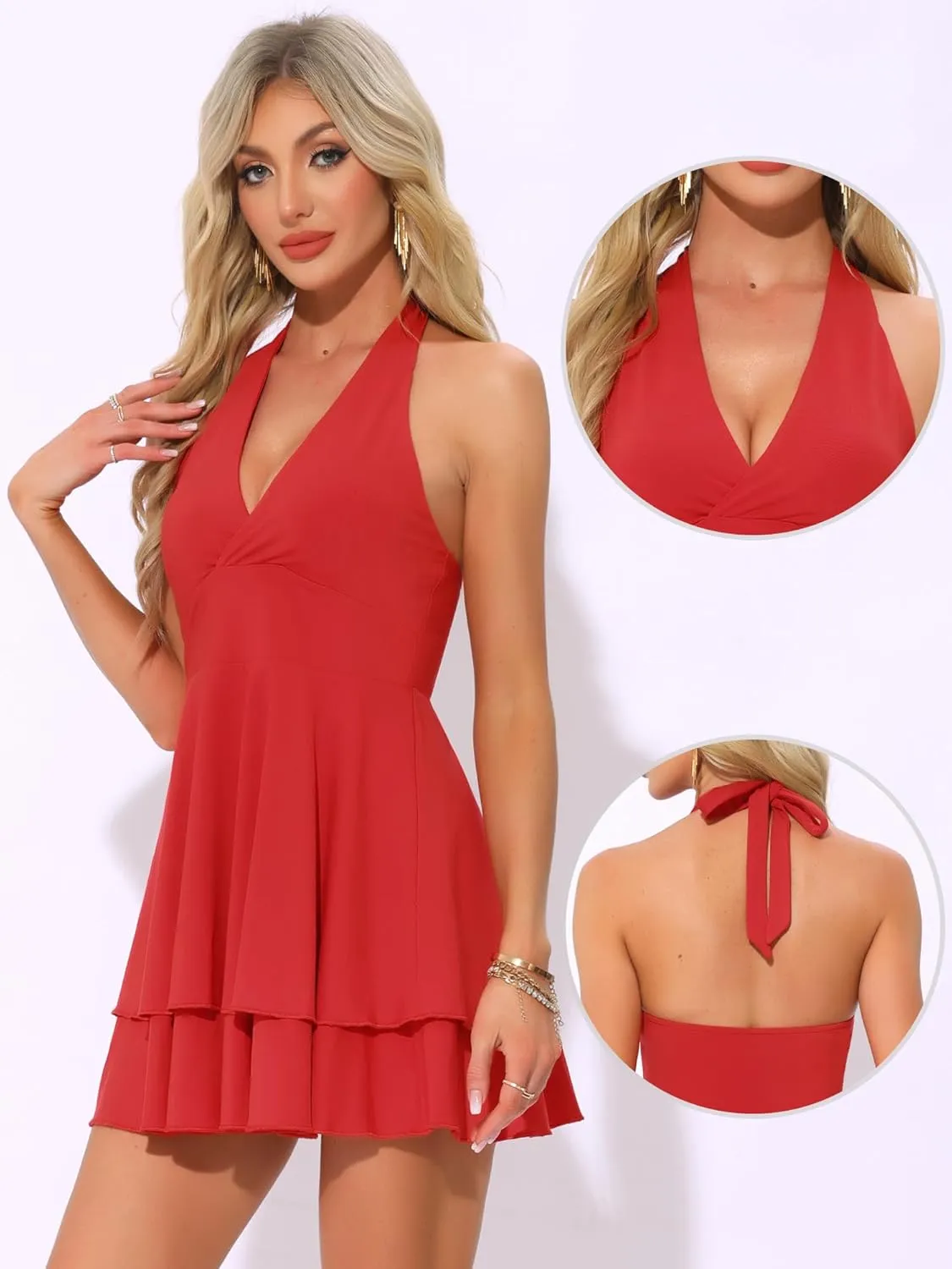 Allegra K Halter Dress for Women's Party Deep V Ruffle Hem Dress Slim Fit Short Party Mini Dresses