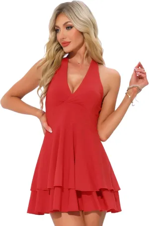 Allegra K Halter Dress for Women's Party Deep V Ruffle Hem Dress Slim Fit Short Party Mini Dresses