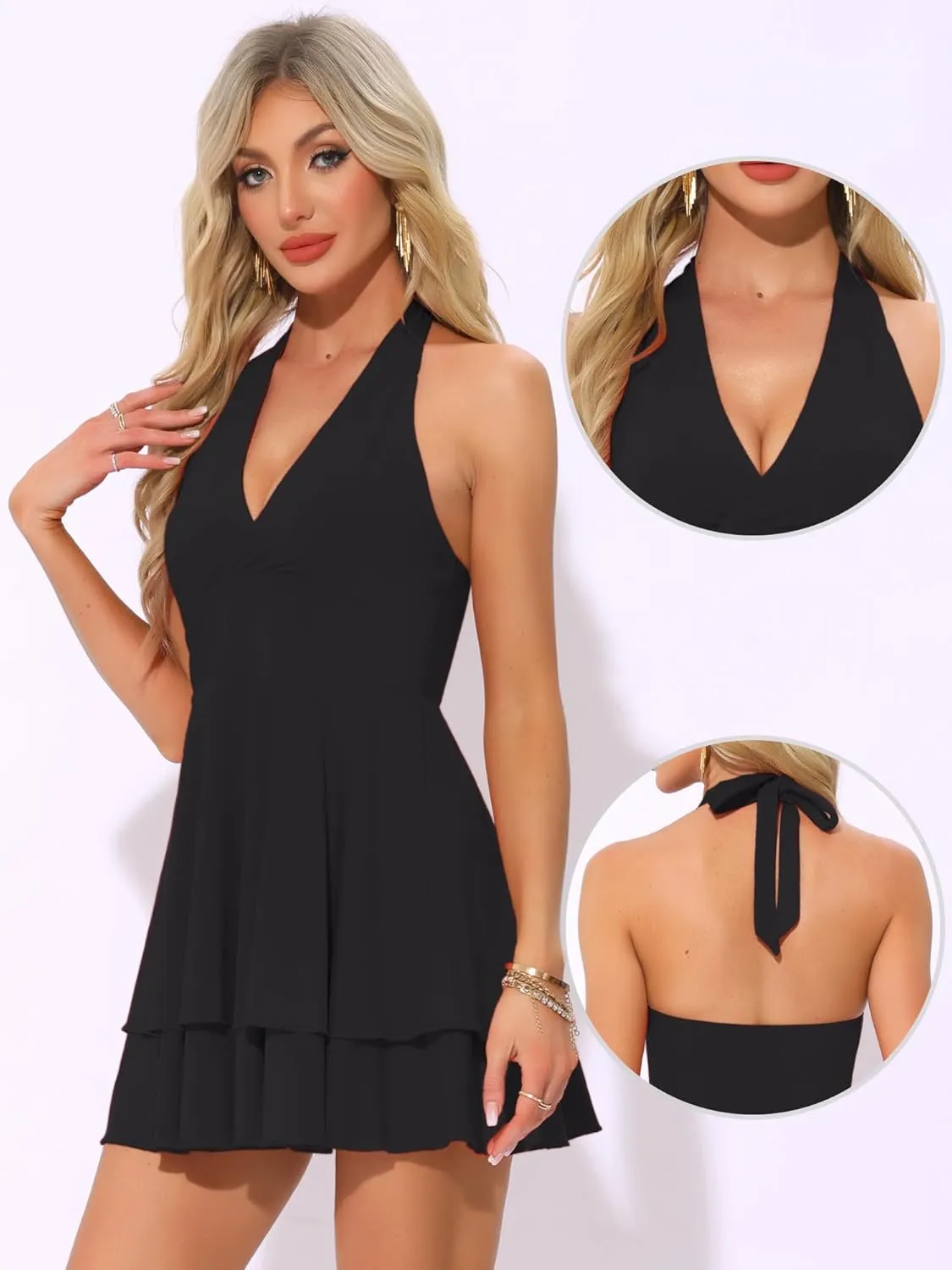 Allegra K Halter Dress for Women's Party Deep V Ruffle Hem Dress Slim Fit Short Party Mini Dresses