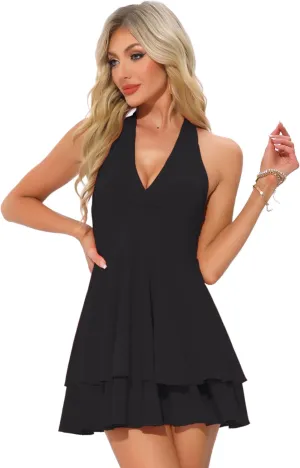 Allegra K Halter Dress for Women's Party Deep V Ruffle Hem Dress Slim Fit Short Party Mini Dresses