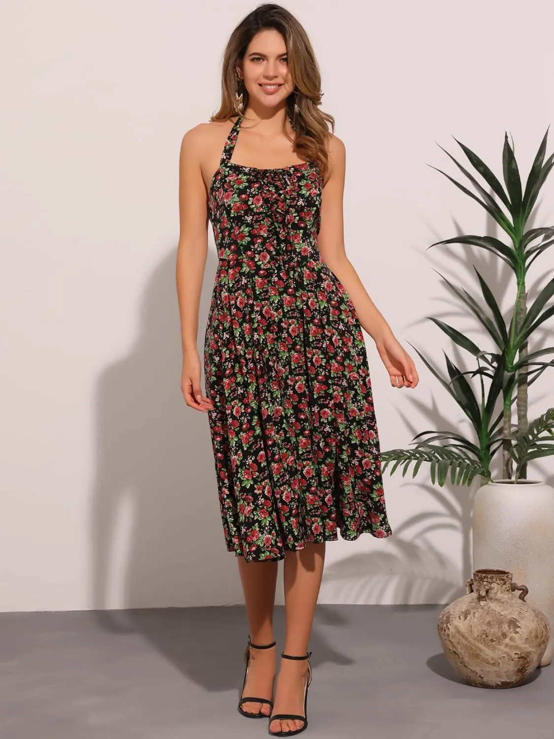 Allegra K Halter Neck Floral Dress for Women's Summer Sundress Sleeveless Lace Up Midi Dresses