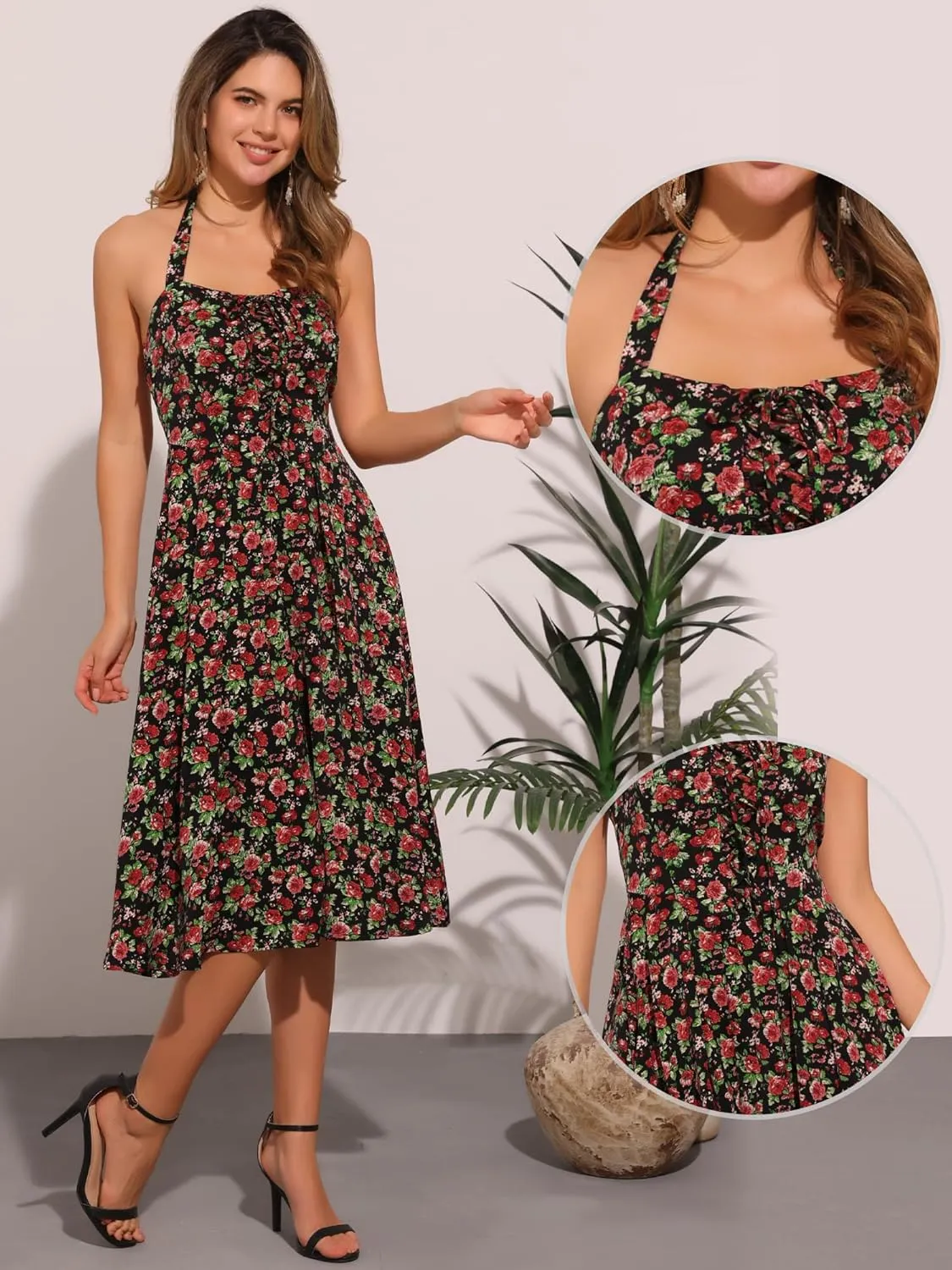 Allegra K Halter Neck Floral Dress for Women's Summer Sundress Sleeveless Lace Up Midi Dresses
