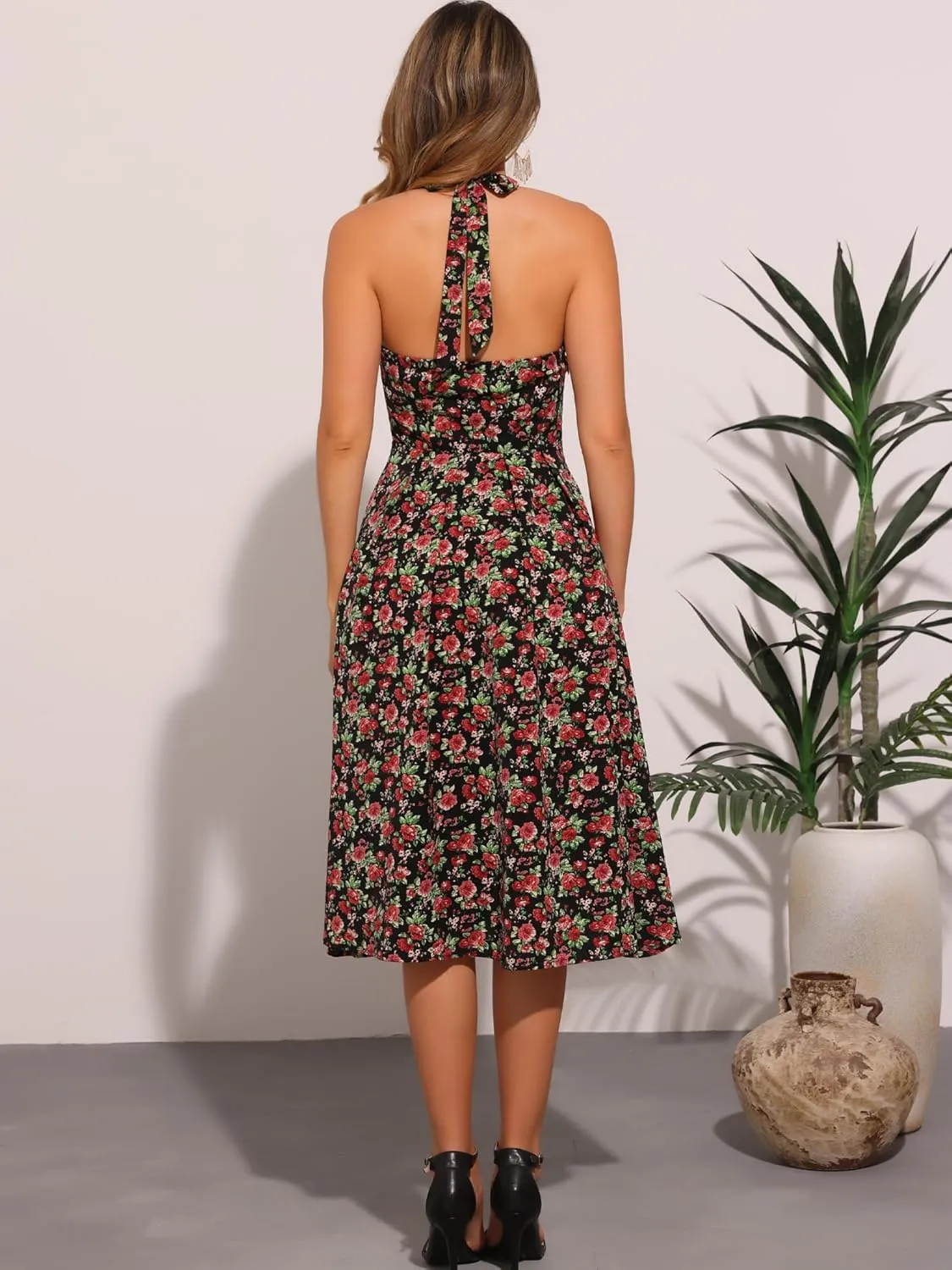 Allegra K Halter Neck Floral Dress for Women's Summer Sundress Sleeveless Lace Up Midi Dresses