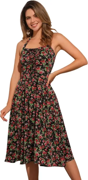 Allegra K Halter Neck Floral Dress for Women's Summer Sundress Sleeveless Lace Up Midi Dresses
