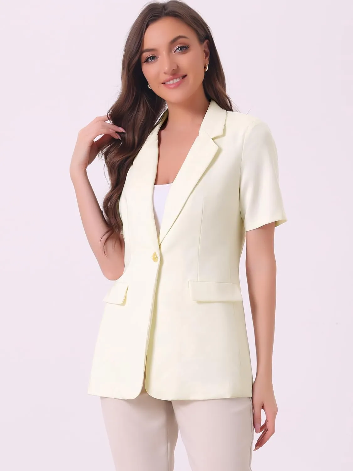 Allegra K Lapel Blazer for Women Short Sleeve Button Down Open Front Office Work Blazers with Pockets