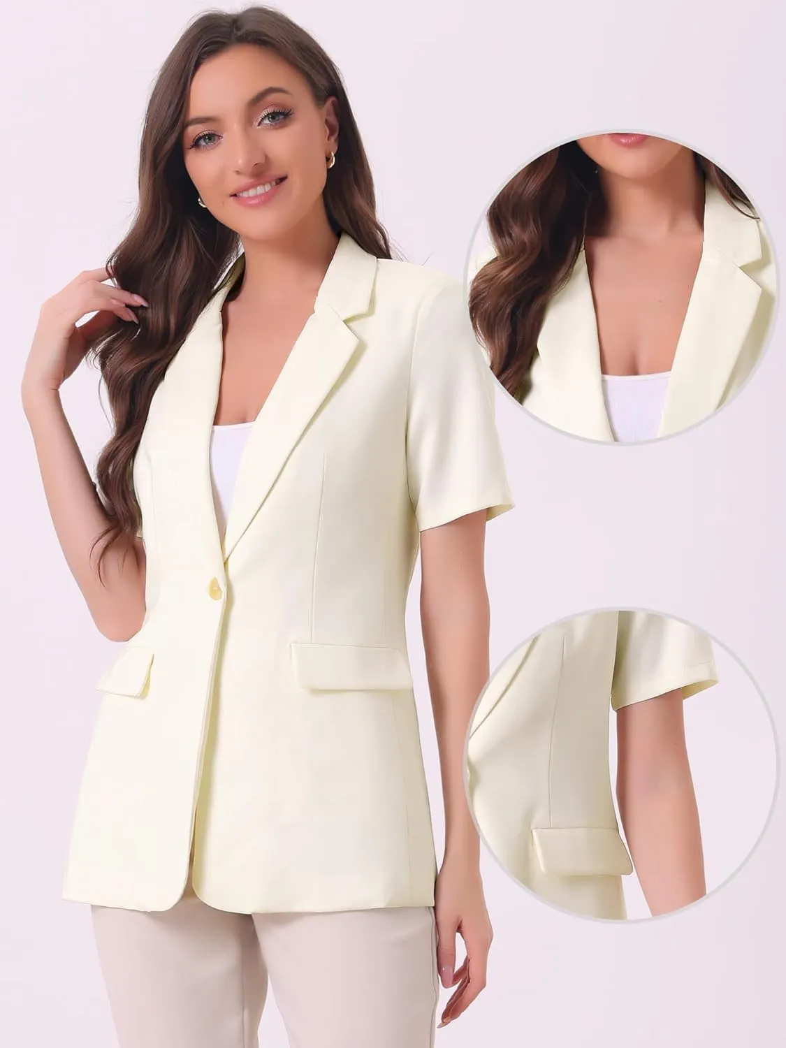 Allegra K Lapel Blazer for Women Short Sleeve Button Down Open Front Office Work Blazers with Pockets