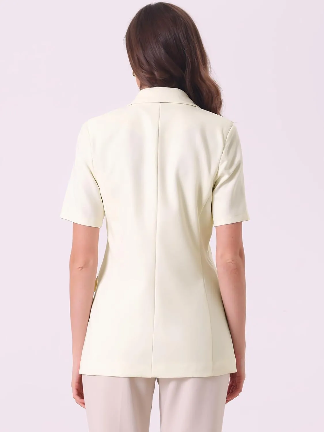 Allegra K Lapel Blazer for Women Short Sleeve Button Down Open Front Office Work Blazers with Pockets