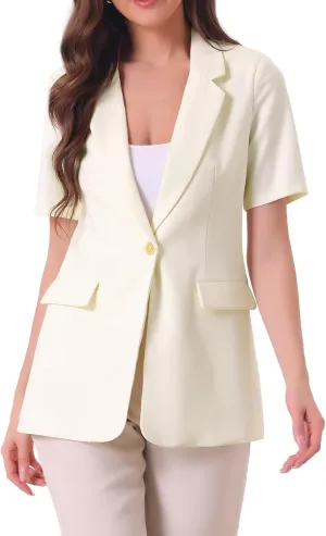 Allegra K Lapel Blazer for Women Short Sleeve Button Down Open Front Office Work Blazers with Pockets