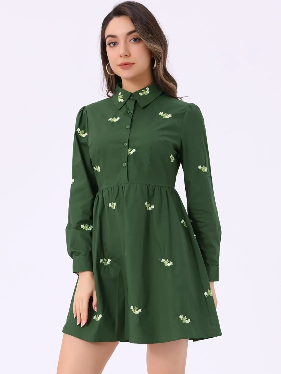 Allegra K Women's Casual Shirt Dress Long Sleeve Half Placket Embroidered Floral Mini Dresses