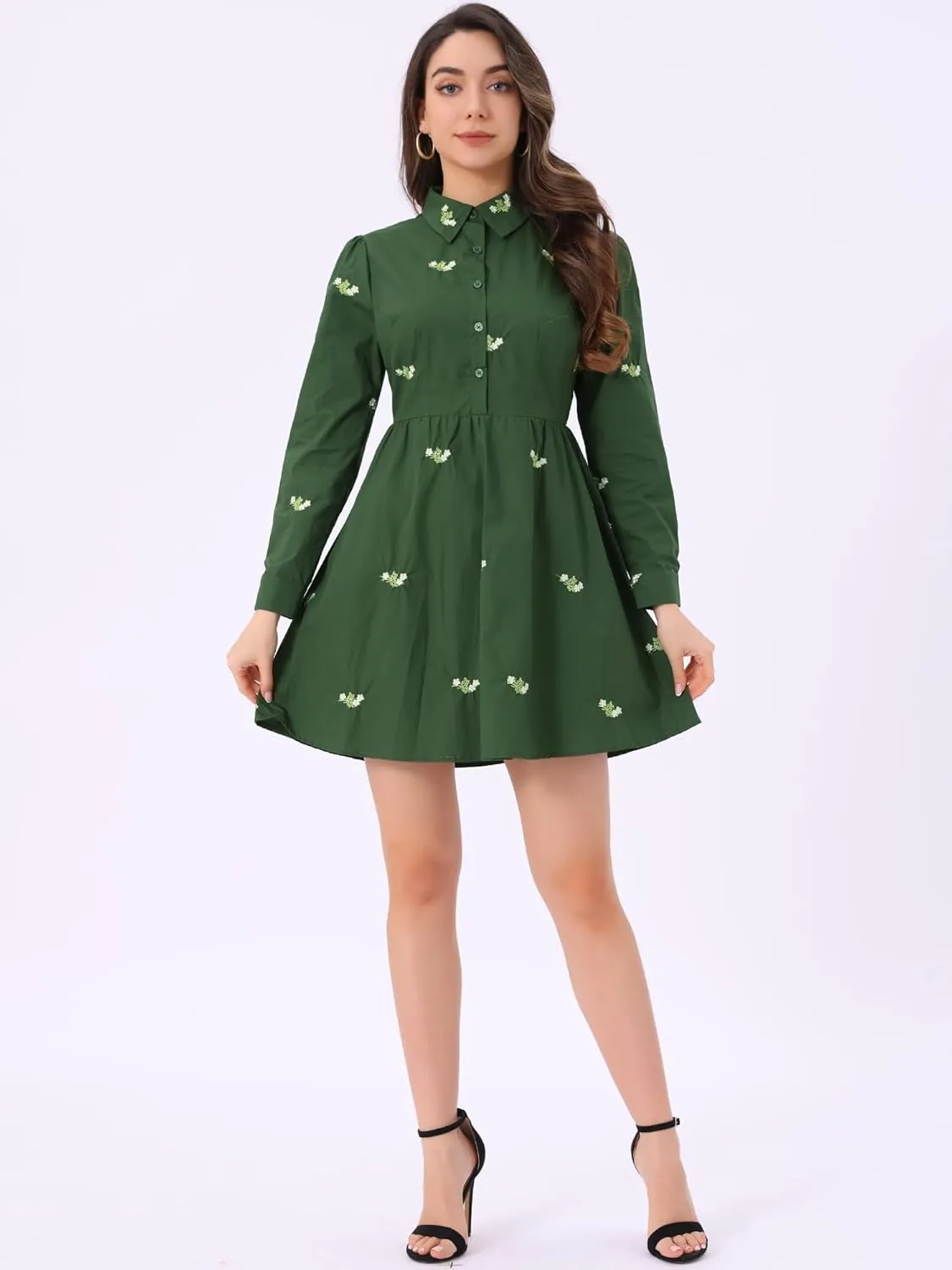 Allegra K Women's Casual Shirt Dress Long Sleeve Half Placket Embroidered Floral Mini Dresses