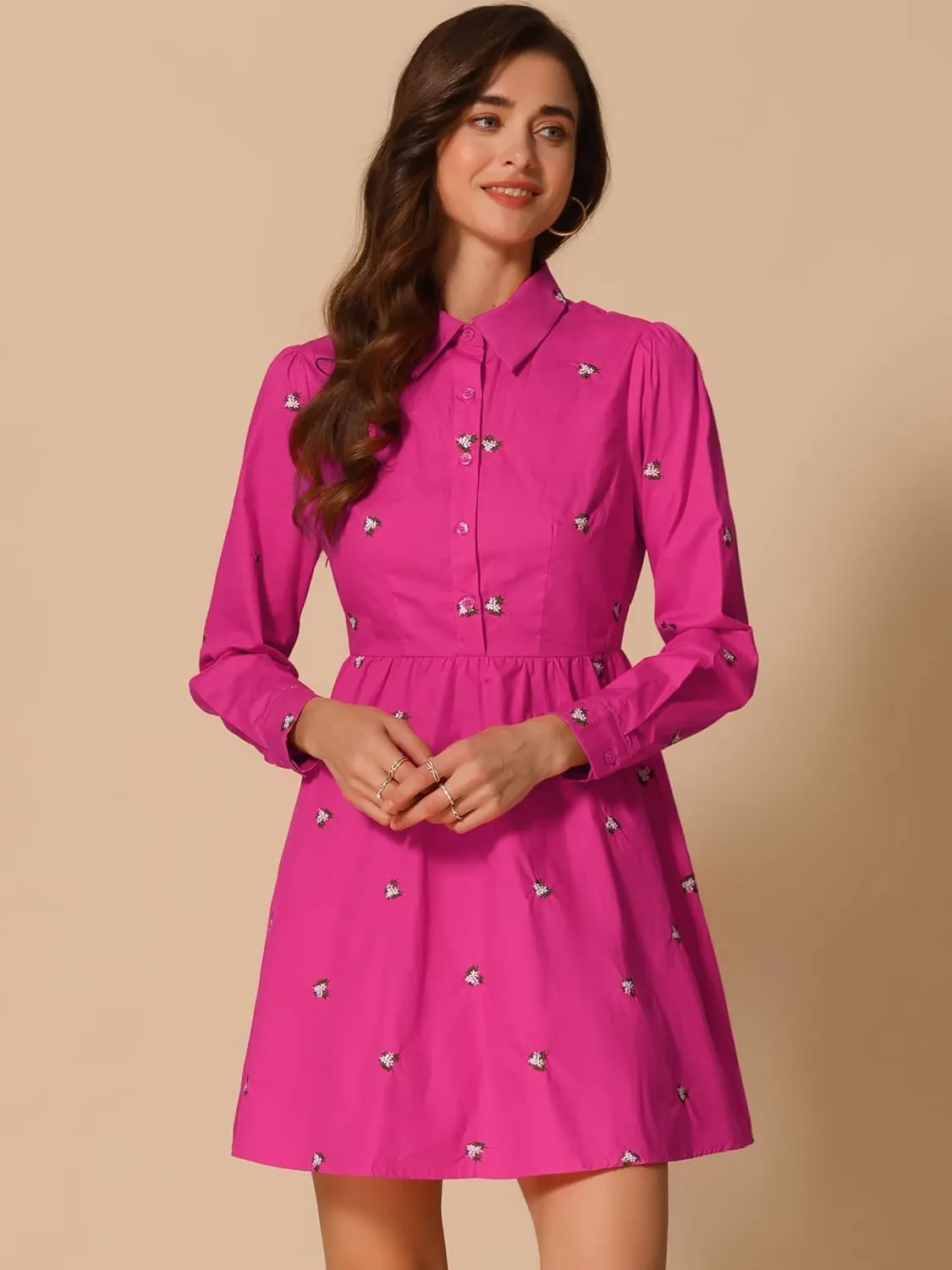 Allegra K Women's Casual Shirt Dress Long Sleeve Half Placket Embroidered Floral Mini Dresses