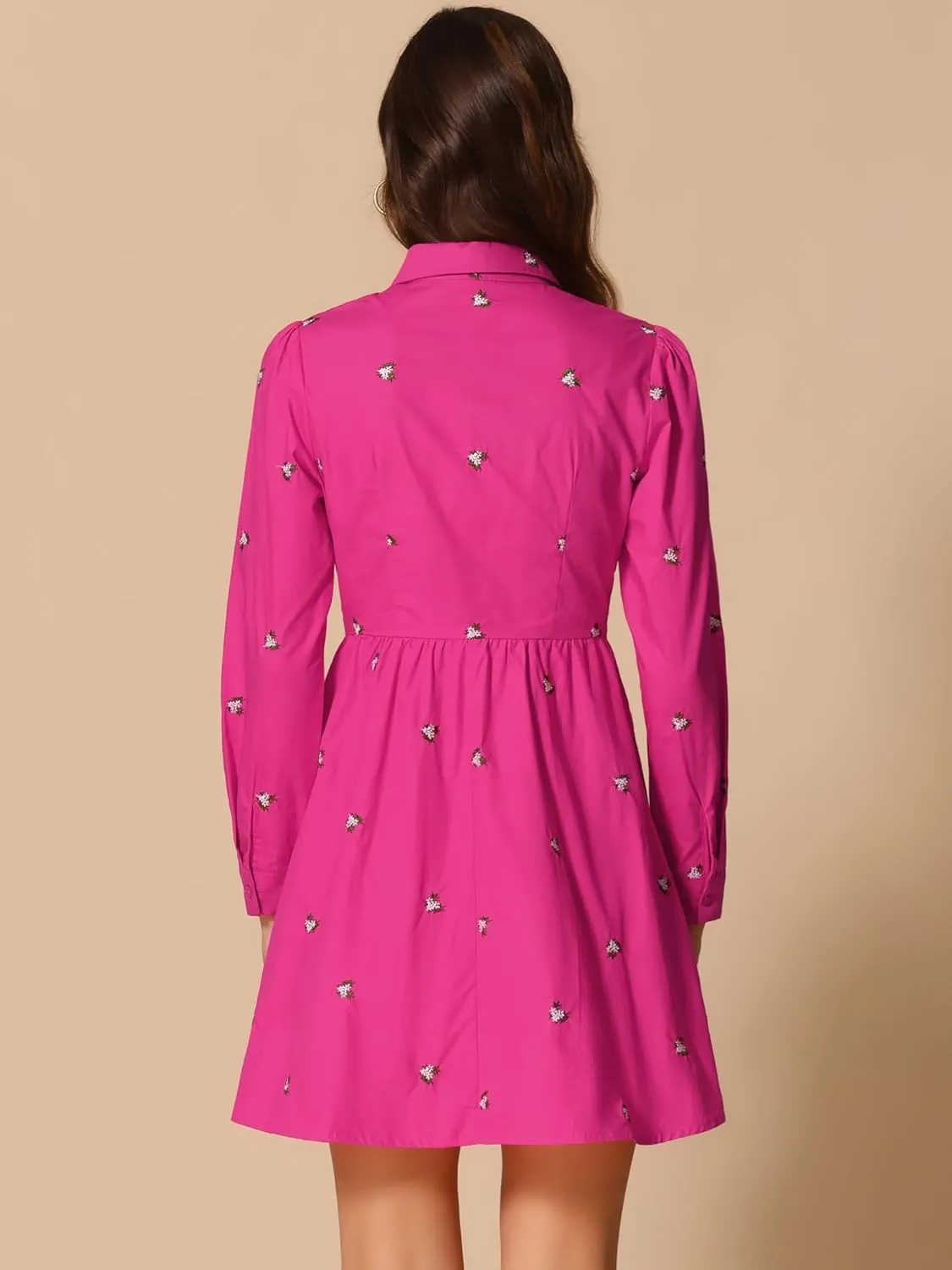 Allegra K Women's Casual Shirt Dress Long Sleeve Half Placket Embroidered Floral Mini Dresses
