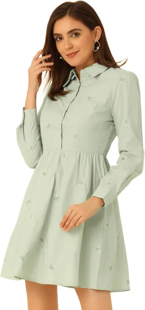 Allegra K Women's Casual Shirt Dress Long Sleeve Half Placket Embroidered Floral Mini Dresses