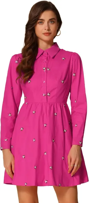 Allegra K Women's Casual Shirt Dress Long Sleeve Half Placket Embroidered Floral Mini Dresses