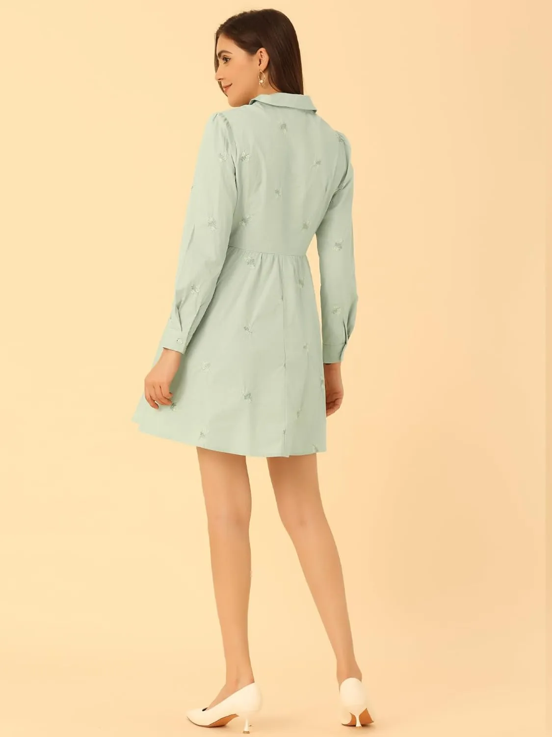 Allegra K Women's Casual Shirt Dress Long Sleeve Half Placket Embroidered Floral Mini Dresses