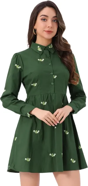 Allegra K Women's Casual Shirt Dress Long Sleeve Half Placket Embroidered Floral Mini Dresses