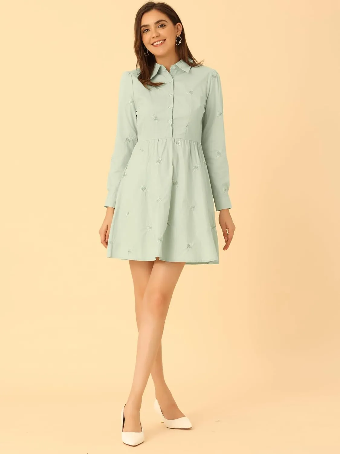 Allegra K Women's Casual Shirt Dress Long Sleeve Half Placket Embroidered Floral Mini Dresses
