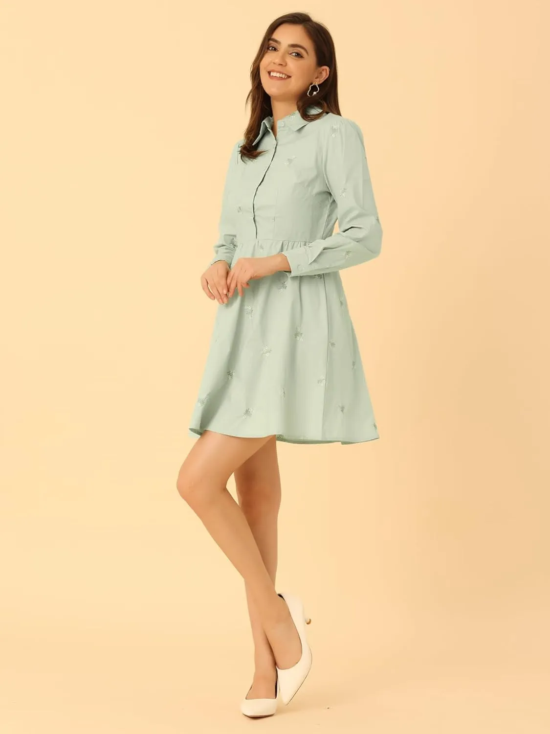 Allegra K Women's Casual Shirt Dress Long Sleeve Half Placket Embroidered Floral Mini Dresses