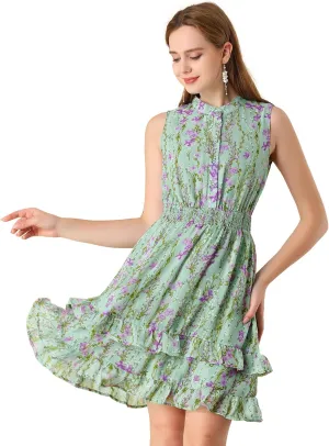 Allegra K Women's Floral Chiffon Dresses Smocked Mini Sleeveless A-Line Dress