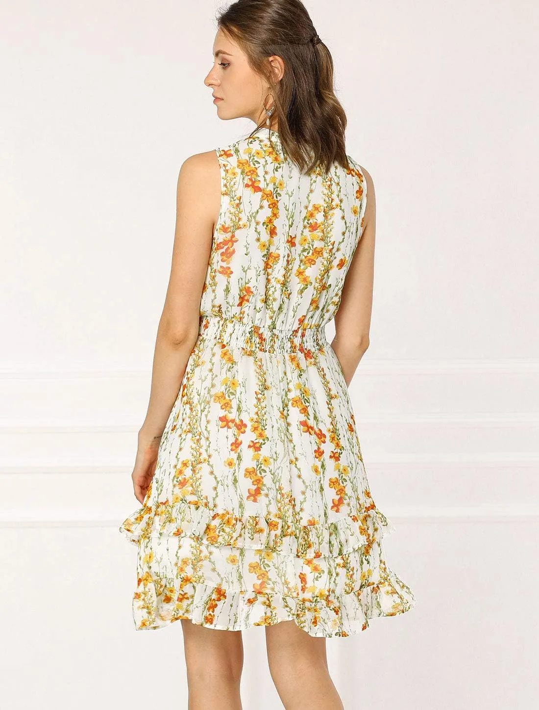 Allegra K Women's Floral Chiffon Dresses Smocked Mini Sleeveless A-Line Dress