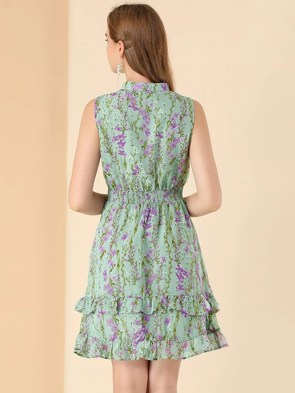 Allegra K Women's Floral Chiffon Dresses Smocked Mini Sleeveless A-Line Dress