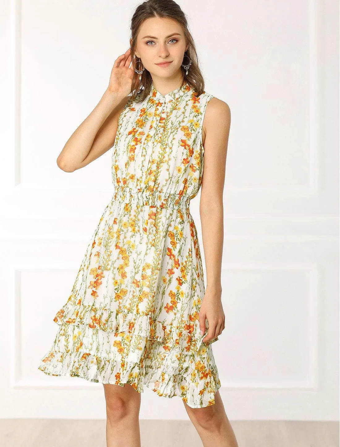 Allegra K Women's Floral Chiffon Dresses Smocked Mini Sleeveless A-Line Dress