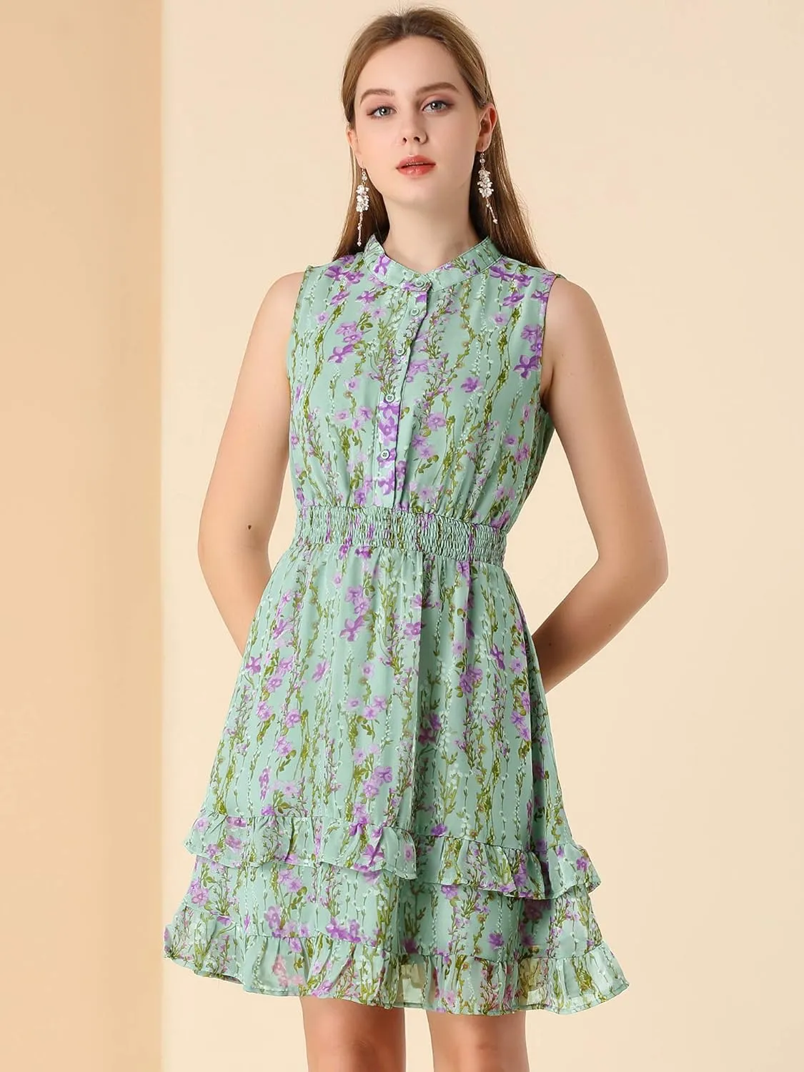Allegra K Women's Floral Chiffon Dresses Smocked Mini Sleeveless A-Line Dress