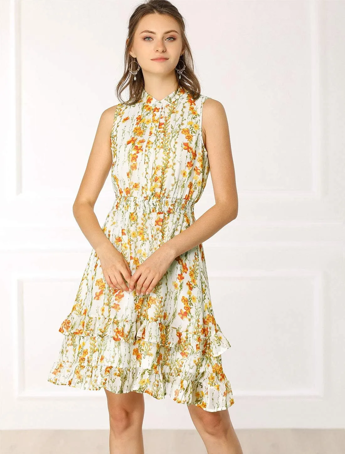 Allegra K Women's Floral Chiffon Dresses Smocked Mini Sleeveless A-Line Dress