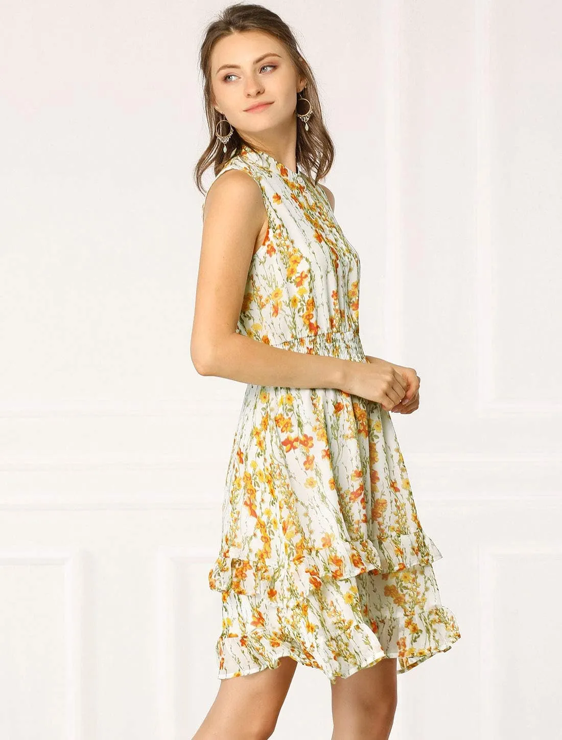 Allegra K Women's Floral Chiffon Dresses Smocked Mini Sleeveless A-Line Dress