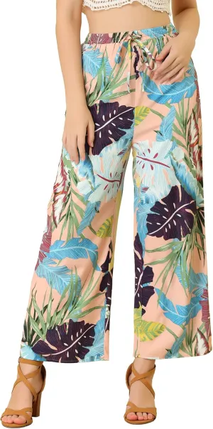 Allegra K Women's Floral Palazzo Elastic Waist Casual Wide Leg Tropical Beach Pants