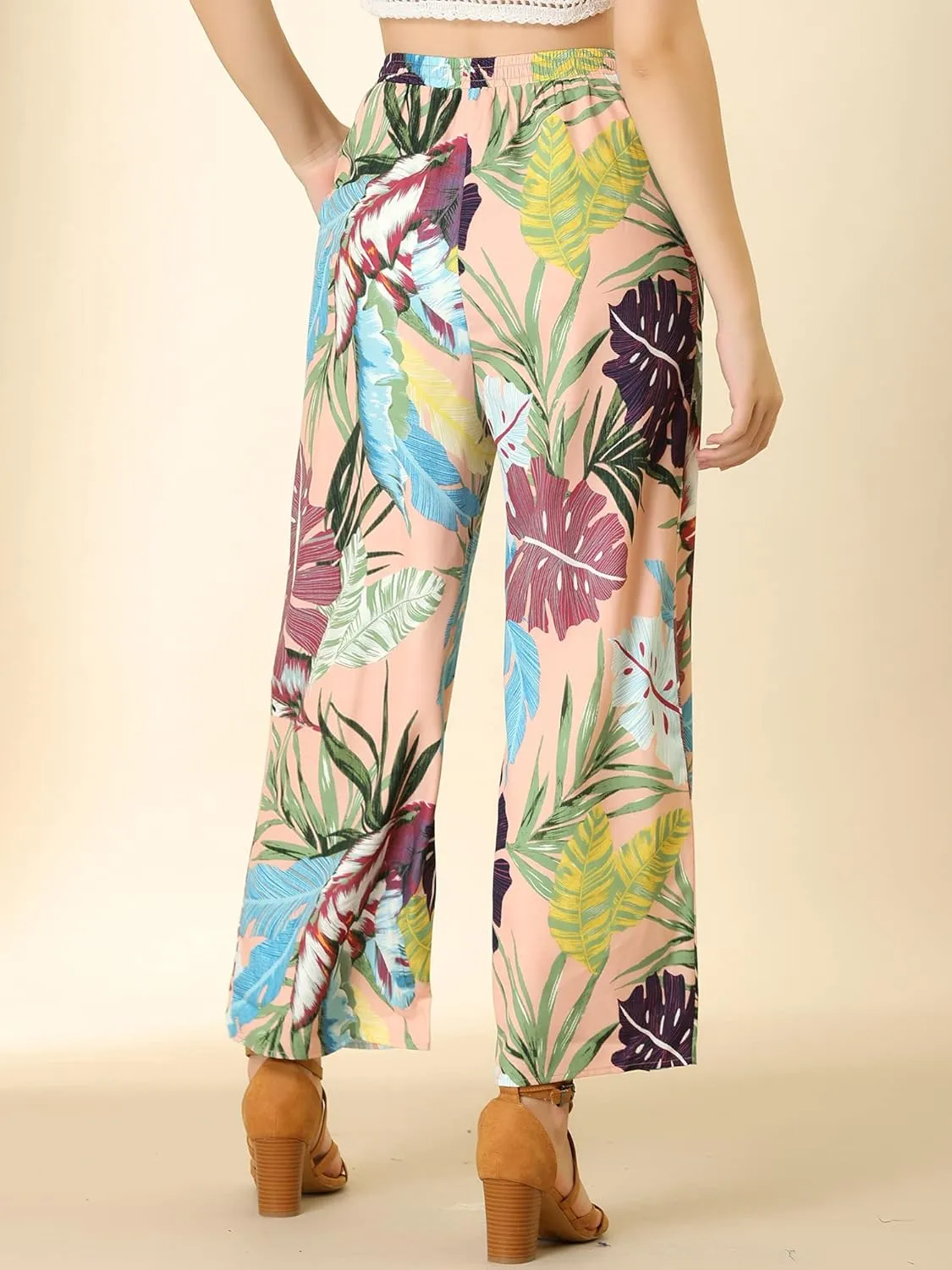 Allegra K Women's Floral Palazzo Elastic Waist Casual Wide Leg Tropical Beach Pants