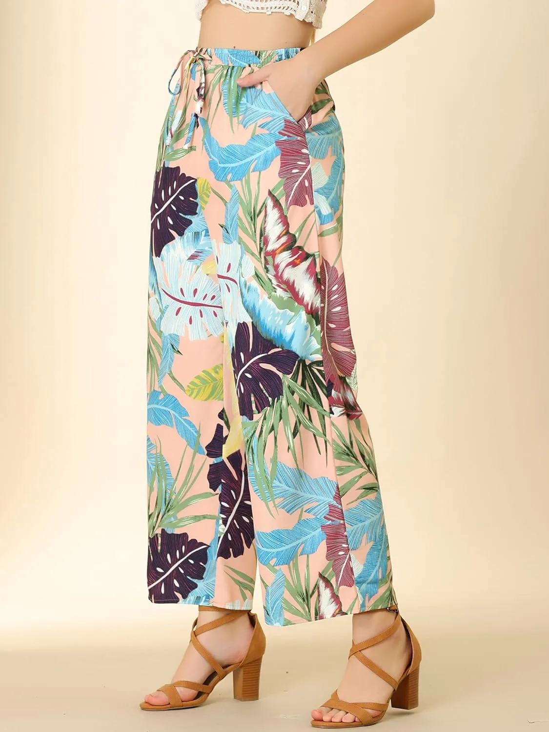 Allegra K Women's Floral Palazzo Elastic Waist Casual Wide Leg Tropical Beach Pants