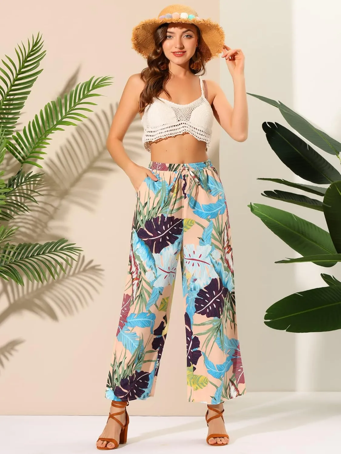Allegra K Women's Floral Palazzo Elastic Waist Casual Wide Leg Tropical Beach Pants