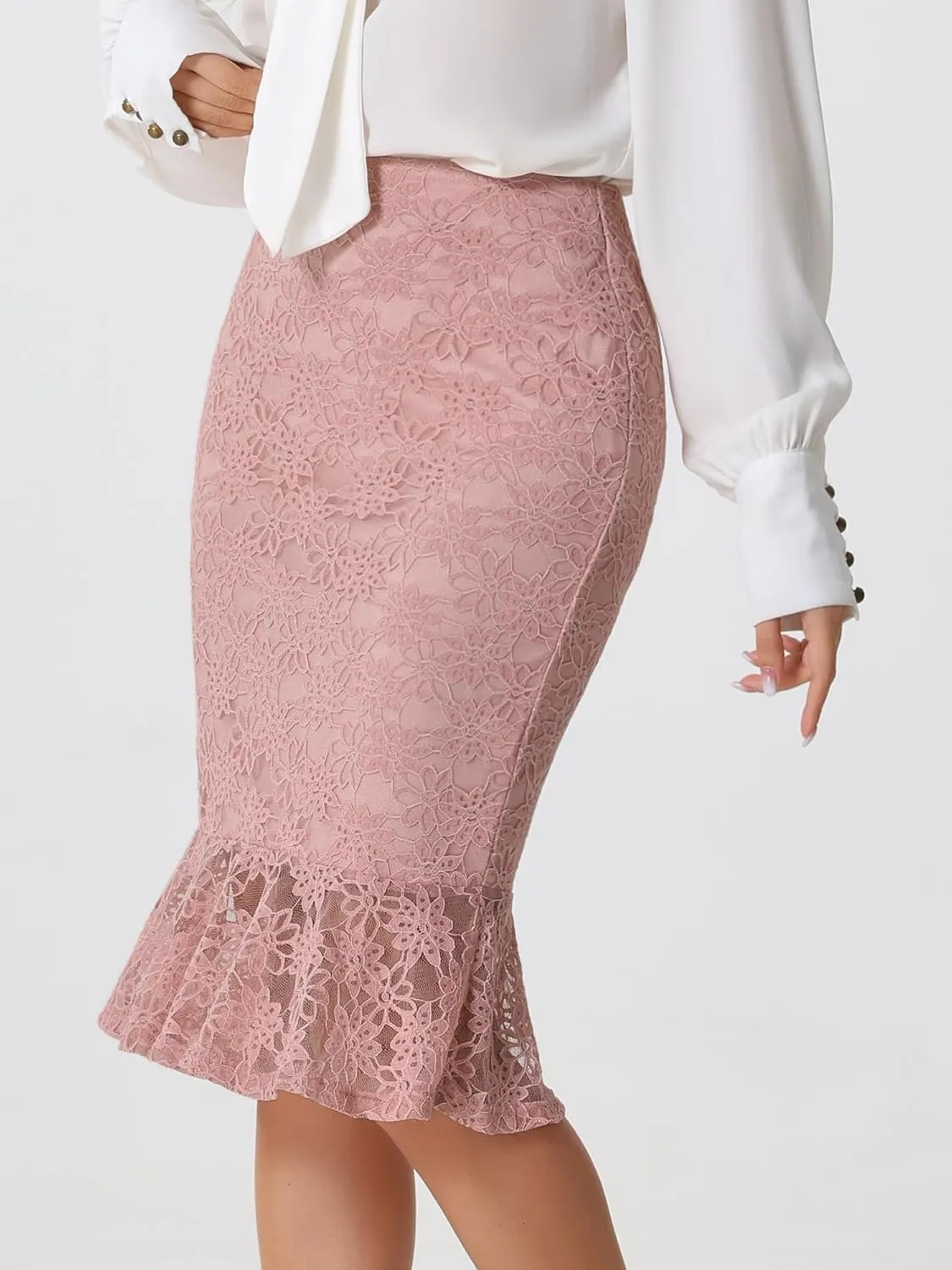 Allegra K Women's Lace Skirts Elegant Casual Work Office Skirt Knee Length Bodycon Fishtail Lace Pencil Skirt