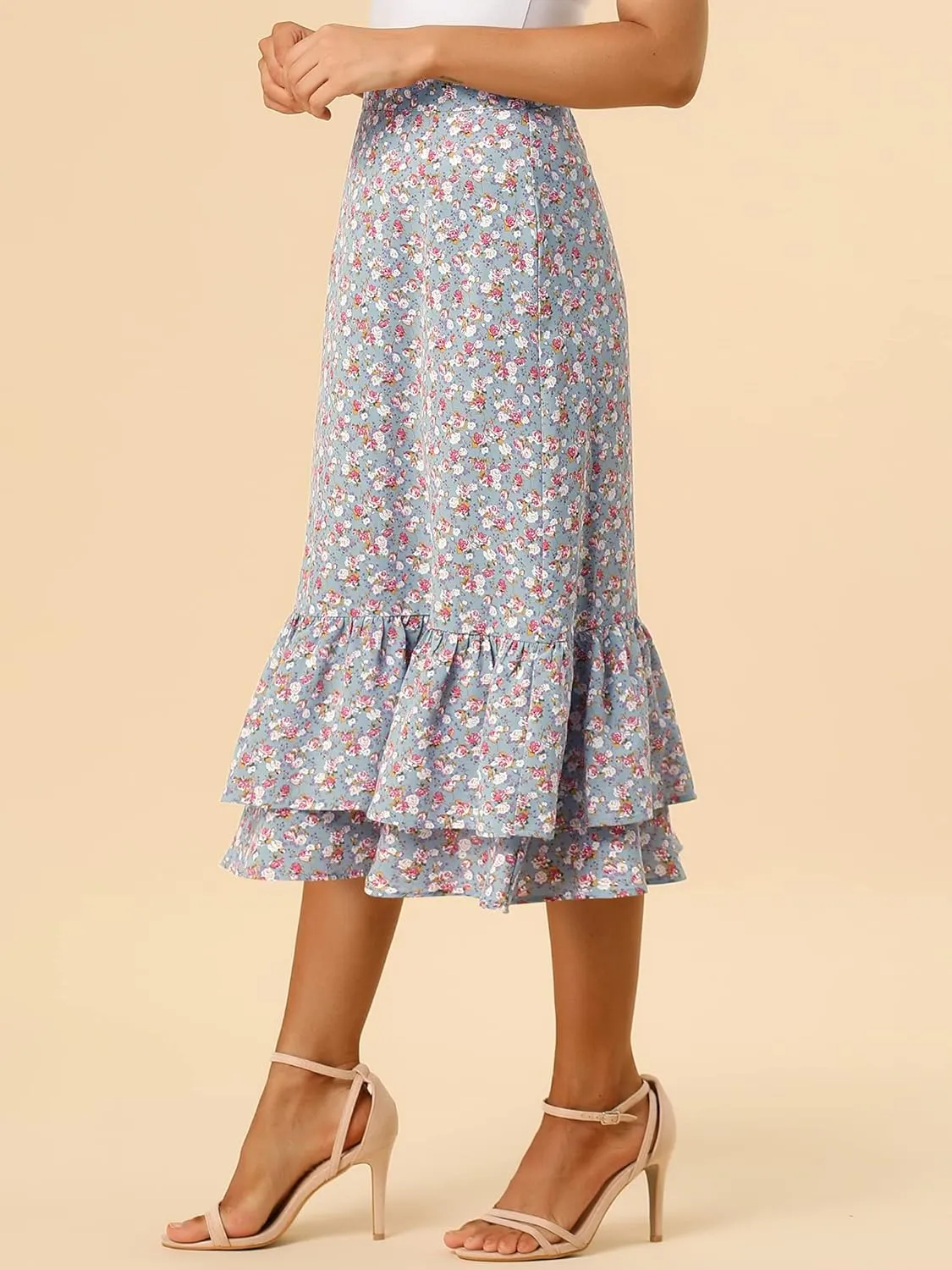 Allegra K Women's Printed Skirt 2025 Trendy Spring Summer Chiffon Elastic Ruffle Tiered Flowy Midi Skirts
