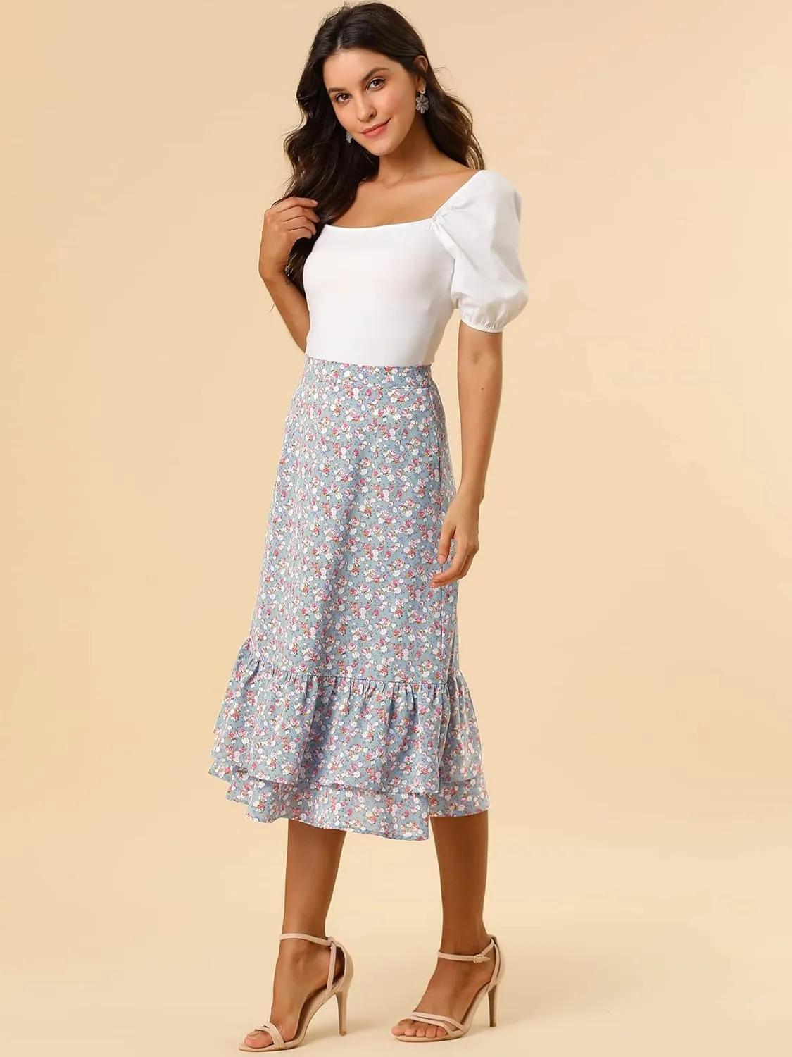 Allegra K Women's Printed Skirt 2025 Trendy Spring Summer Chiffon Elastic Ruffle Tiered Flowy Midi Skirts