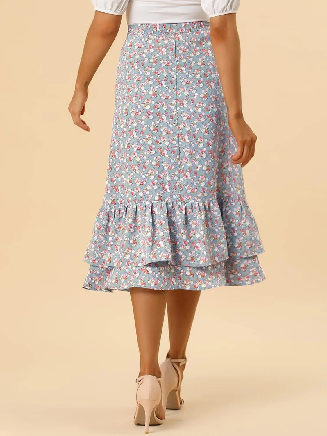 Allegra K Women's Printed Skirt 2025 Trendy Spring Summer Chiffon Elastic Ruffle Tiered Flowy Midi Skirts