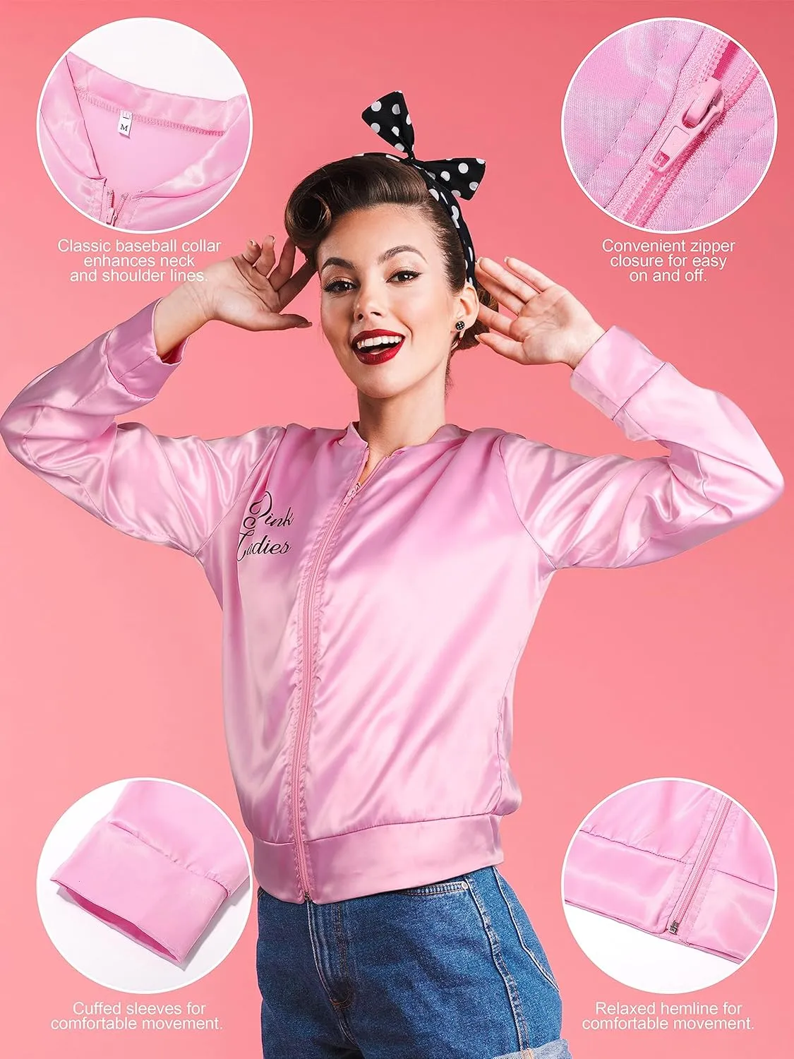 AOTHSO 1950s Pink Satin Jacket with Headband Scarves Earrings Glasses for Women 8 Pieces Halloween Adults Cosplay Costume Set