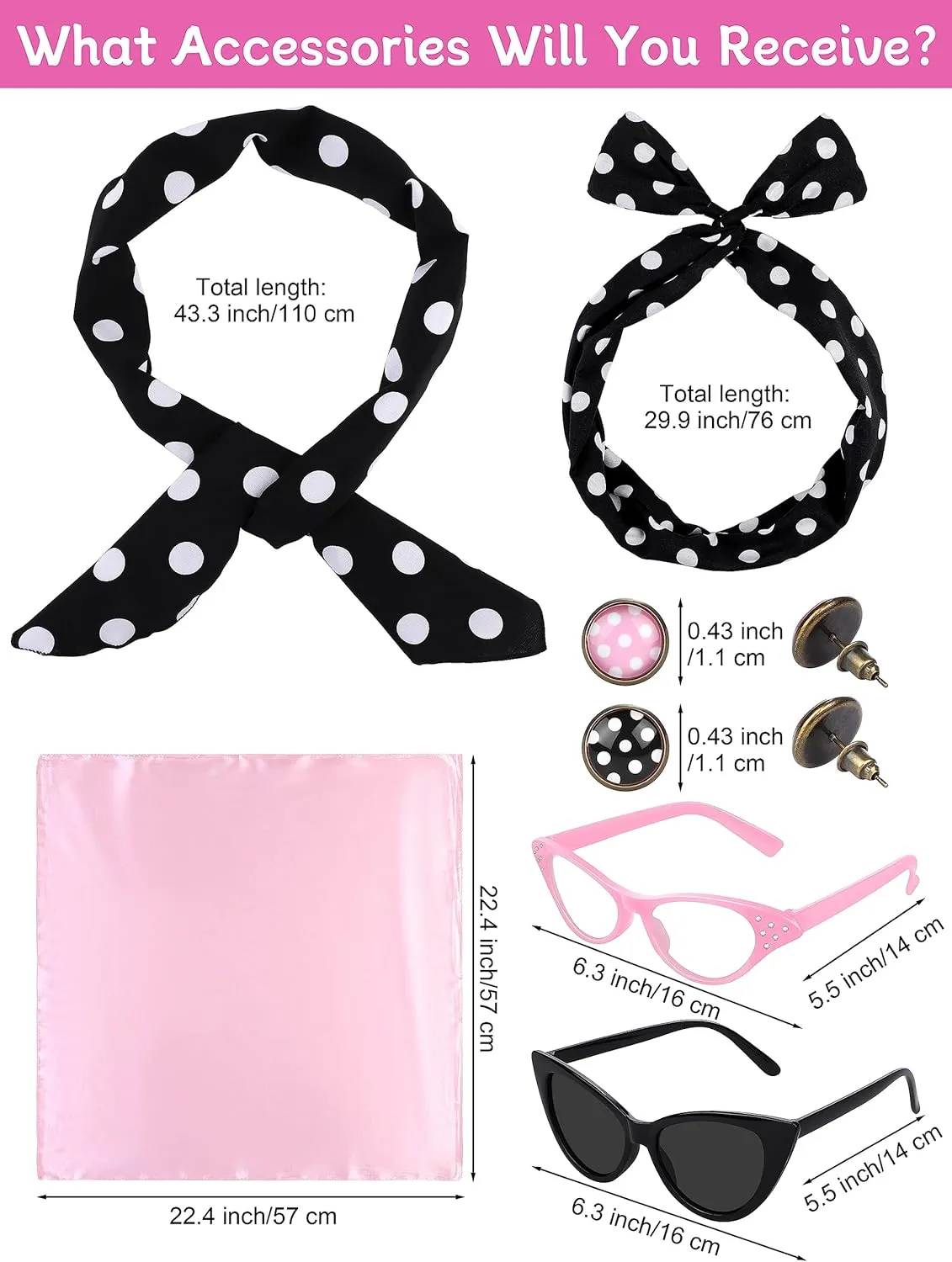 AOTHSO 1950s Pink Satin Jacket with Headband Scarves Earrings Glasses for Women 8 Pieces Halloween Adults Cosplay Costume Set