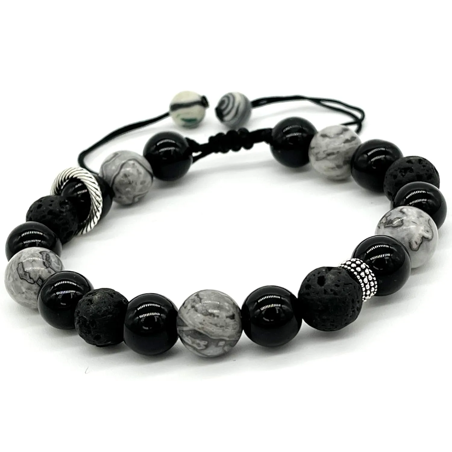 ARTSY Crafts Natural Gemstone Beads Bracelets for Men, Semi-Precious Stone Wristlets Grounding Chakra Healing Crystal Beaded Bracelets Meditation Anxiety Bangle, Adjustable 7" - 9" (Black Onyx)