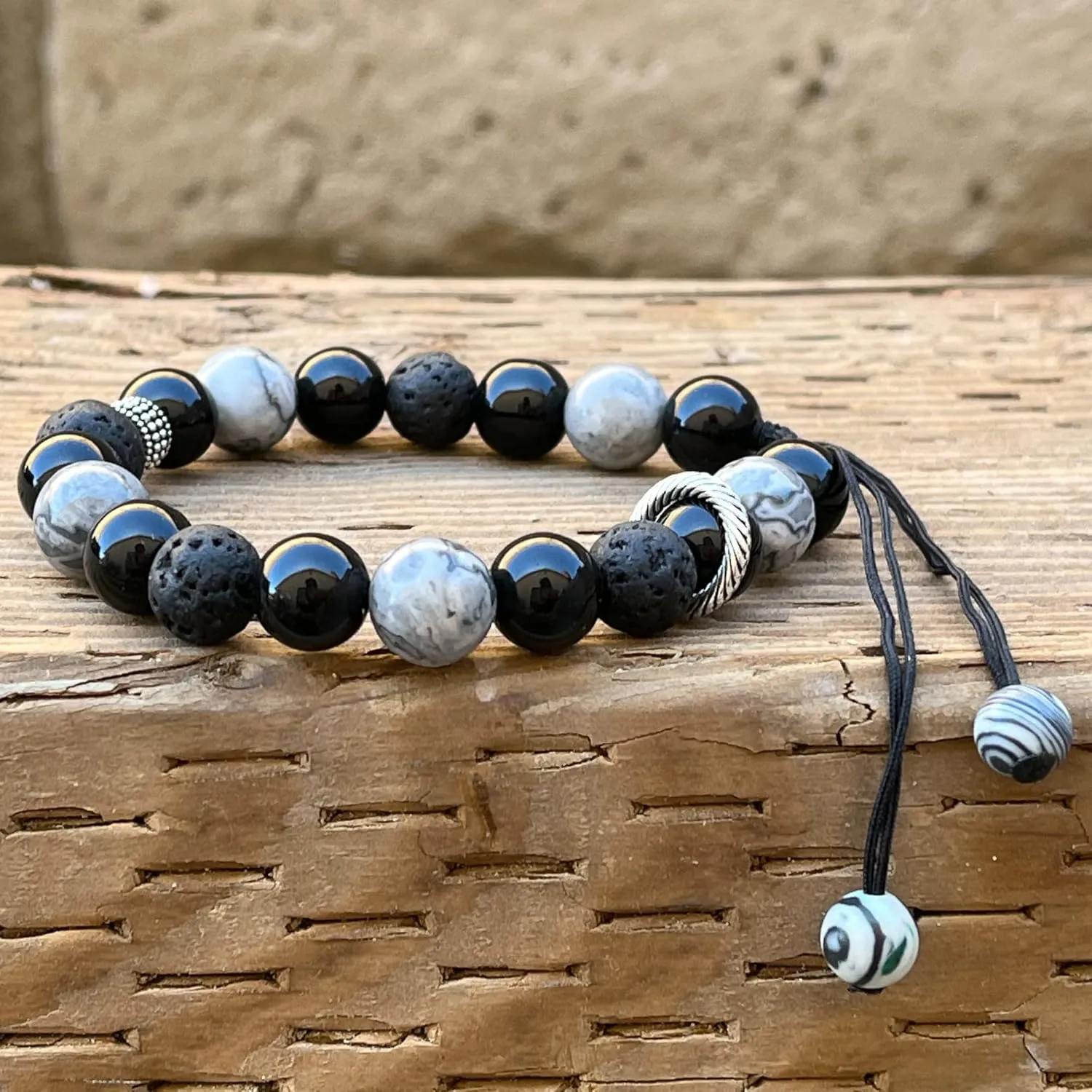 ARTSY Crafts Natural Gemstone Beads Bracelets for Men, Semi-Precious Stone Wristlets Grounding Chakra Healing Crystal Beaded Bracelets Meditation Anxiety Bangle, Adjustable 7" - 9" (Black Onyx)