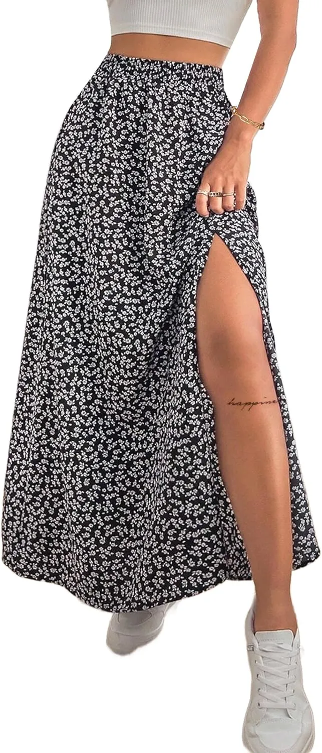 Avanova Women Boho Floral Slit Maxi Skirt Split Thigh High Waisted Long Sexy Skirt