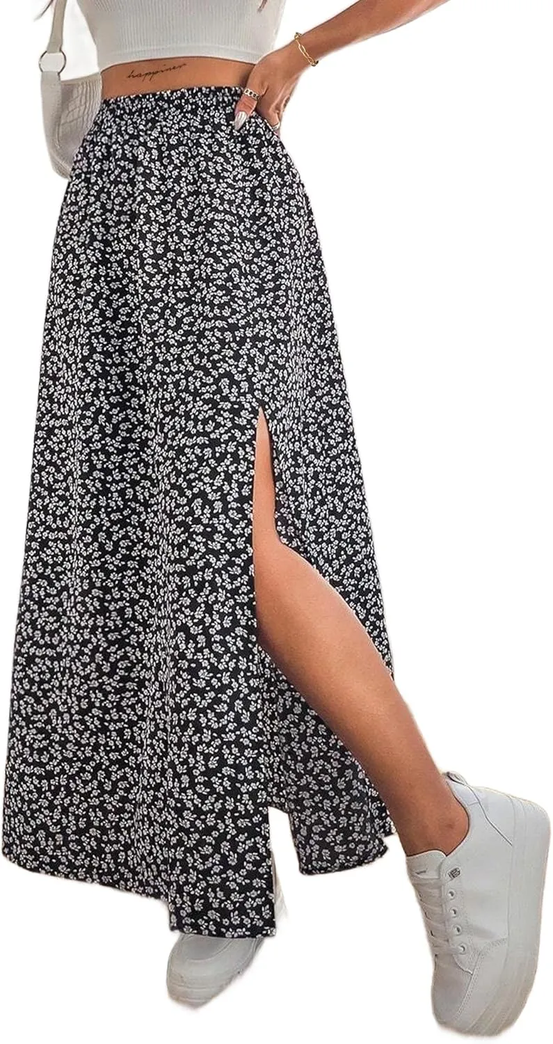 Avanova Women Boho Floral Slit Maxi Skirt Split Thigh High Waisted Long Sexy Skirt