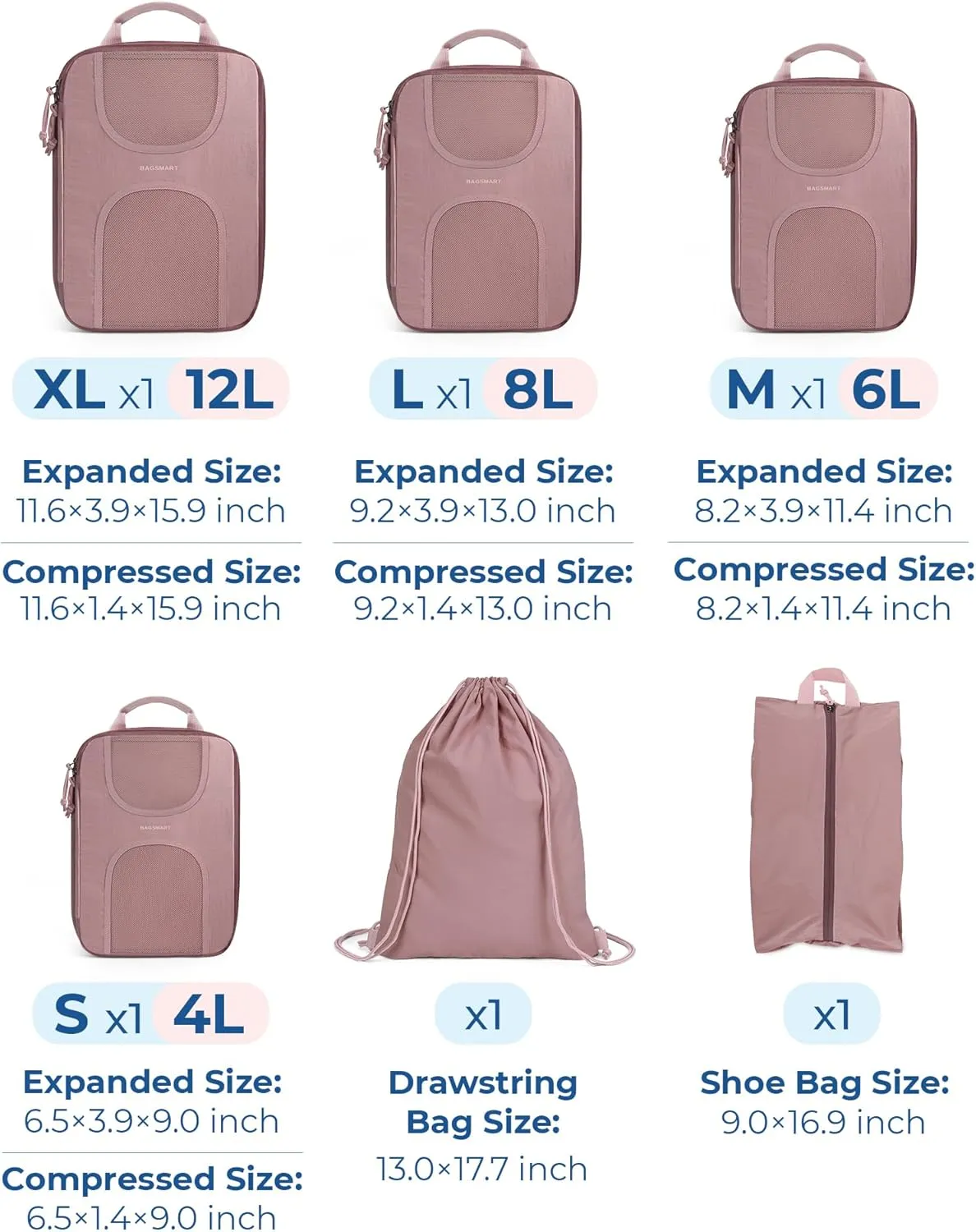 BAGSMART 6 Set Packing Cubes for Suitcases, Lightweight Suitcase Organizers & Compression Travel Cubes