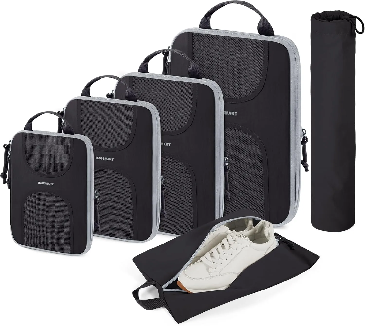 BAGSMART Compression Packing Cubes, 6 Set Packing Cubes for Suitcases, Lightweight Suitcases Organizers Bag Set & Compression Travel Cubes, Travel Essentials Packing Organizers Black