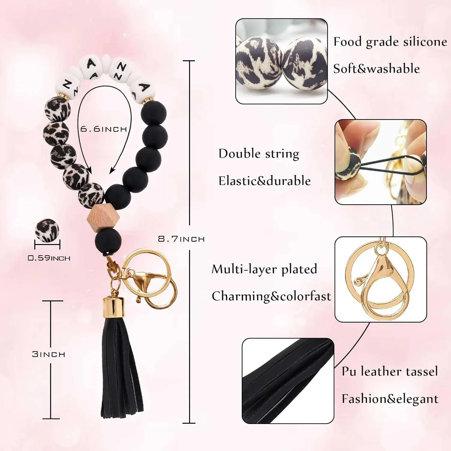 BAOSIWA Silicone Key Ring Bracelet Wristlet Keychain Unique Beaded Bangle Key Chains for Women with Leather Tassel