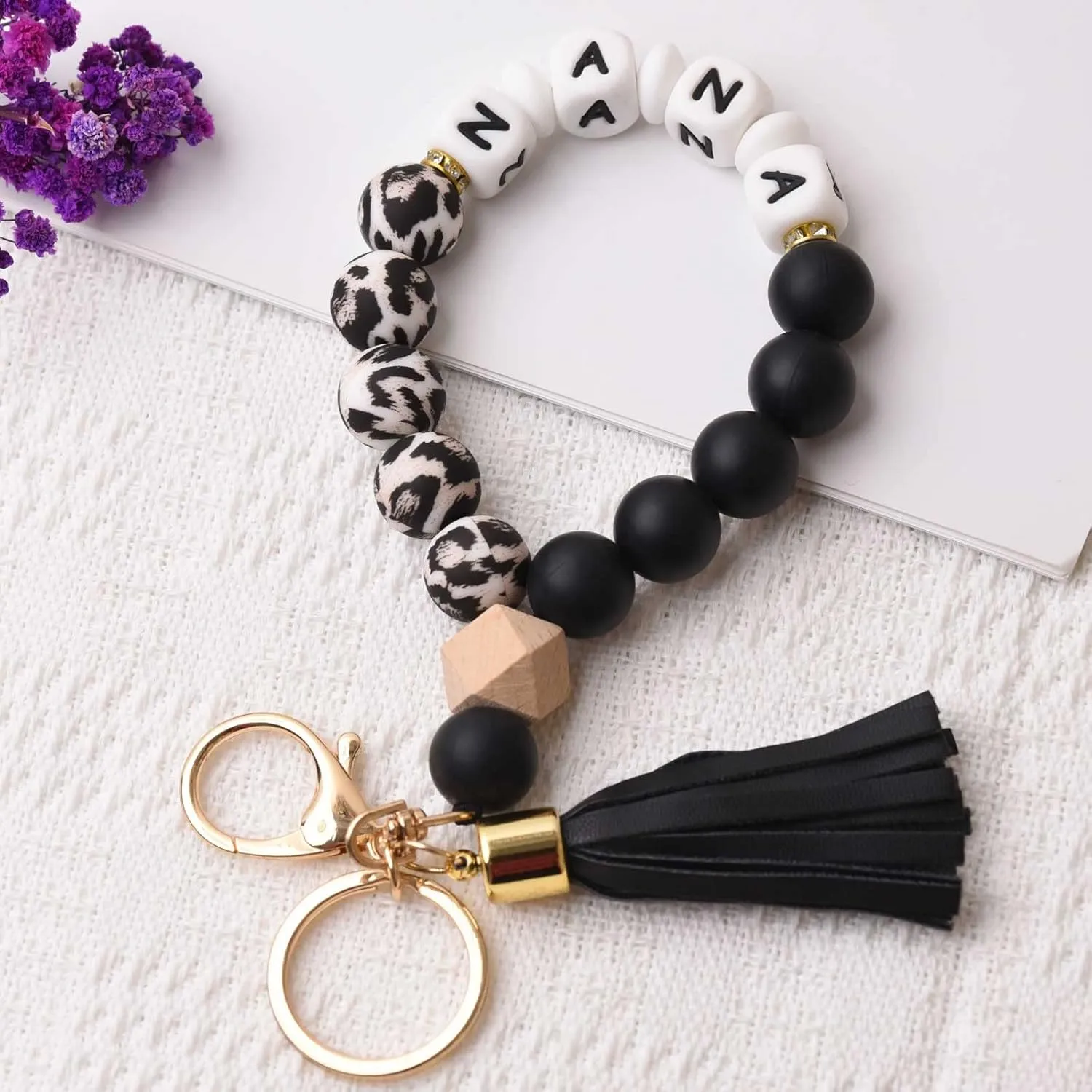 BAOSIWA Silicone Key Ring Bracelet Wristlet Keychain Unique Beaded Bangle Key Chains for Women with Leather Tassel