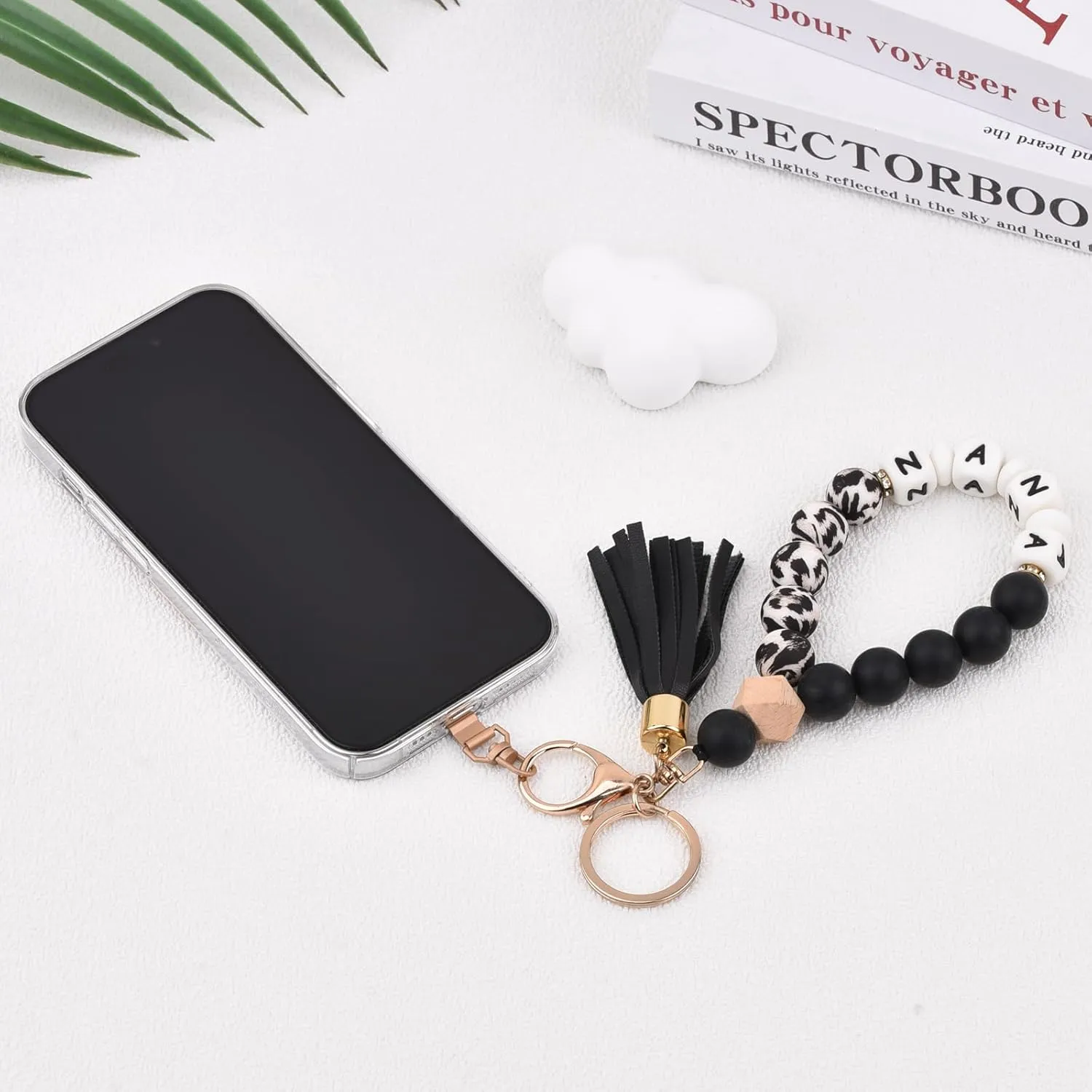 BAOSIWA Silicone Key Ring Bracelet Wristlet Keychain Unique Beaded Bangle Key Chains for Women with Leather Tassel