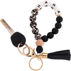 BAOSIWA Silicone Key Ring Bracelet Wristlet Keychain Unique Beaded Bangle Key Chains for Women with Leather Tassel
